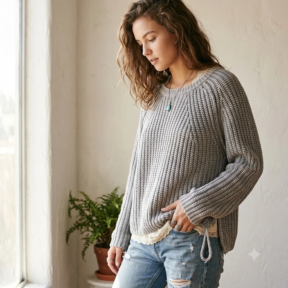Free People Take Me Home Sweater Womens Large Gray Chunky‎ Knit Oversized Boho